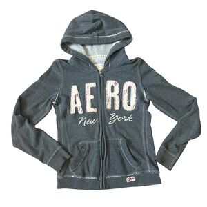 Aeropostale Gray Zip Hoodie Sweatshirt Distressed